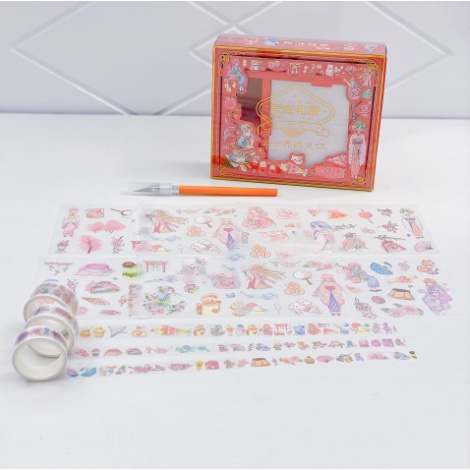 set sticker 8 tấm 3 washi 1 dao nhíp cắt SSI3  cute dễ thương