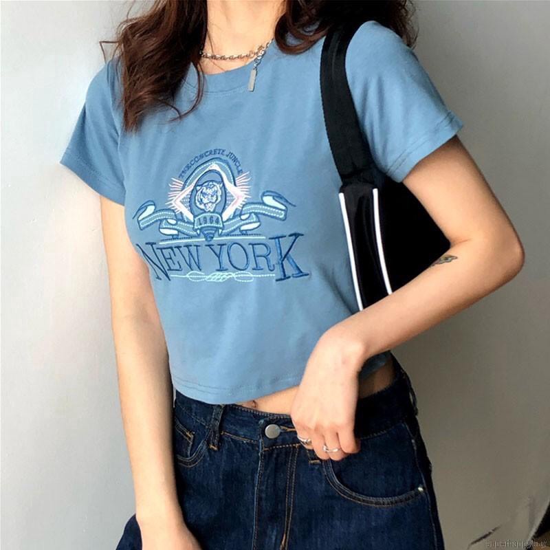 Áo Croptop Tay Ngắn Dáng Ôm Hoạ Tiết Thêu Chữ NEWYORK Phong Cách Mùa Hè