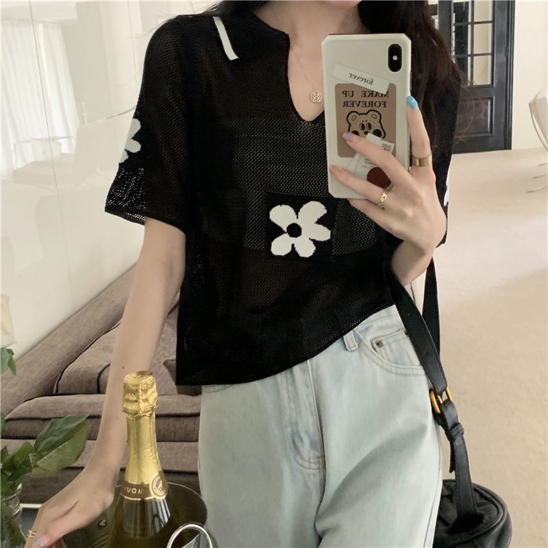 Áo Dệt Kim Tay Ngắn Cổ Chữ v In Họa Tiết Hoa Nhí Xinh Xắn Phong Cách Hàn Quốc Thời Trang Cho Nữ