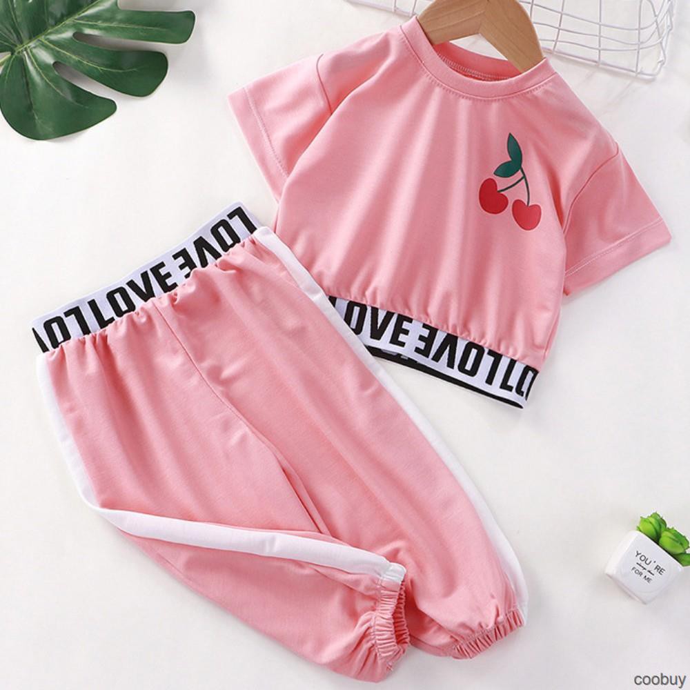 Đồ Thể Thao Vải Cotton Ngắn Tay Cổ Tròn In Họa Tiết Thời Trang Mùa Hè Cho Bé Gái