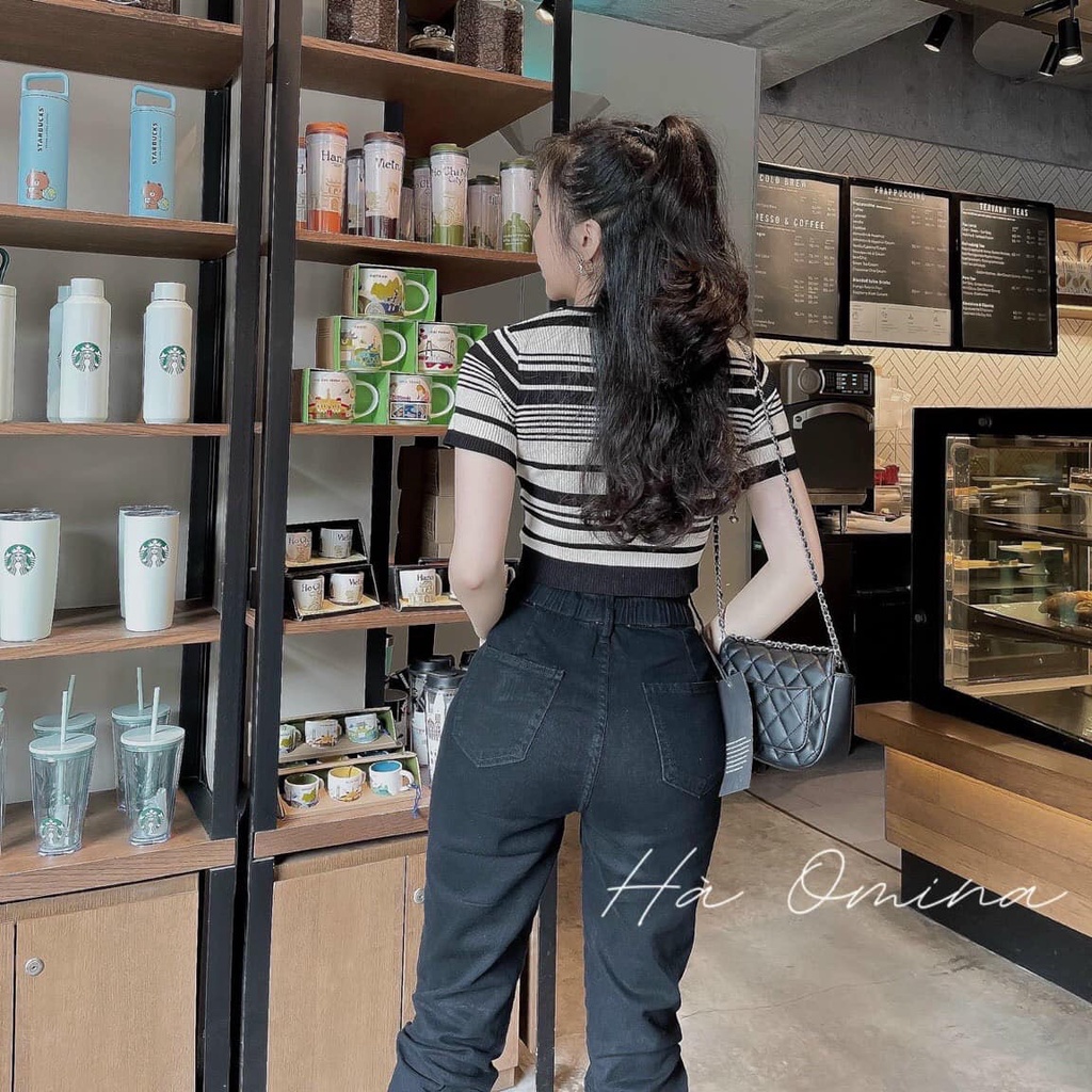 Áo len nữ tăm cổ U kẻ ngang phối viền chất len dày mịn hàng Quảng Châu cao cấp