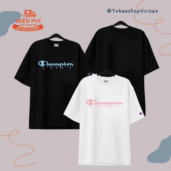Áo thun Champion tay lỡ Unisex chữ chảy màu thêu logo tay Tubee shop