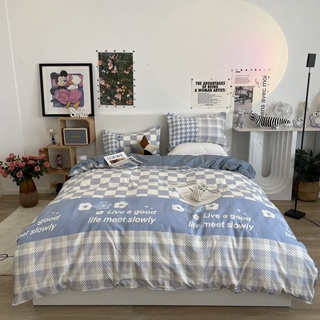 Bộ drap & chăn phao cotton poly hoa cúc kẻ xanh