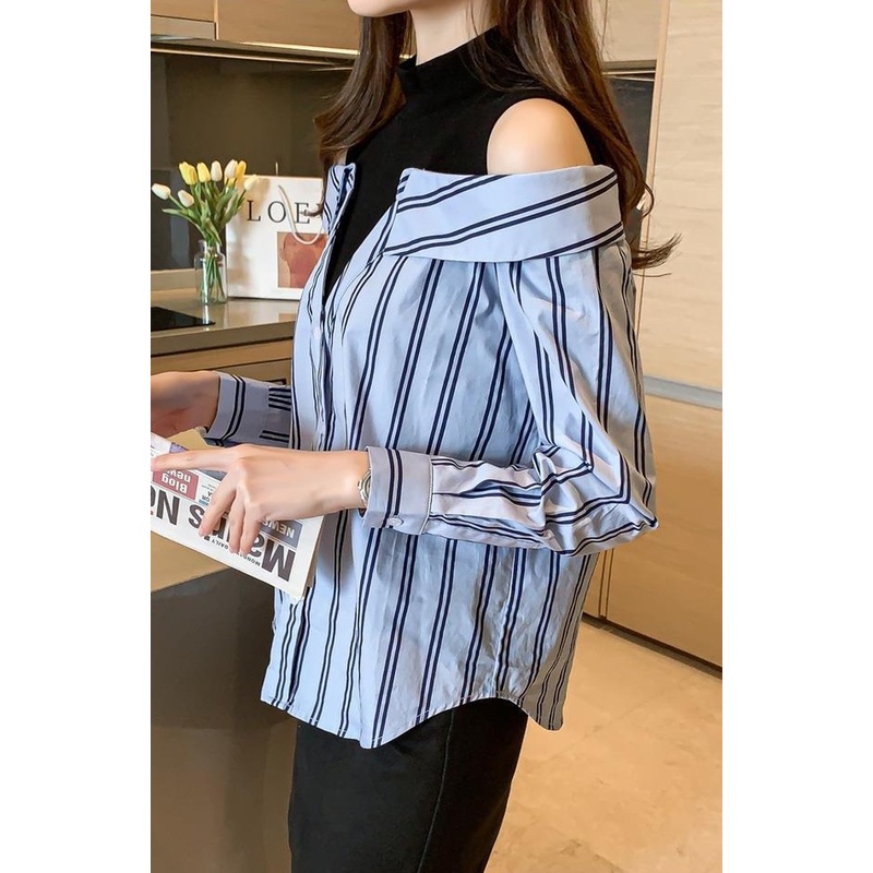 Áo Sơ Mi Vải Lụa Satin Giả Hai Lớp Họa Tiết Kẻ Sọc Màu Xanh Dương Thời Trang Cho Nữ