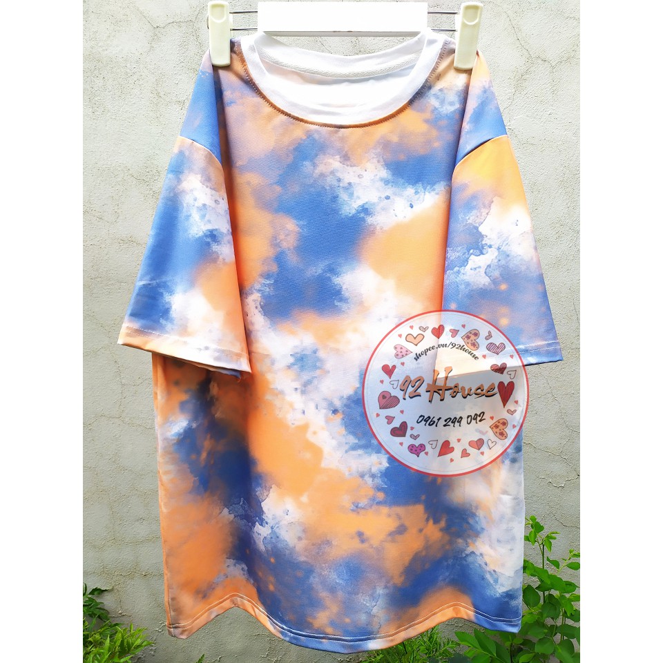 Áo thun tay lỡ unisex loang màu xanh cam hồng freesize form rộng tay lỡ