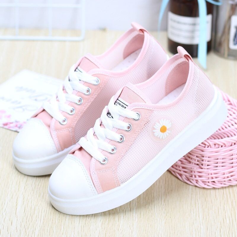Giày thể thao vải lưới thoáng khí màu trắng họa tiết hoa cúc nhỏ phong cách Hàn Quốc thời trang hè mới cho nữ