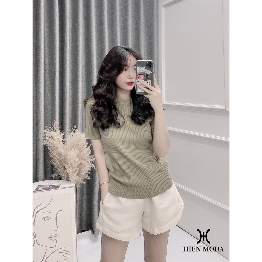 Áo len gân trơn cổ tròn , Áo len tăm ngắn tay kiểu Hàn Quốc | BigBuy360 - bigbuy360.vn