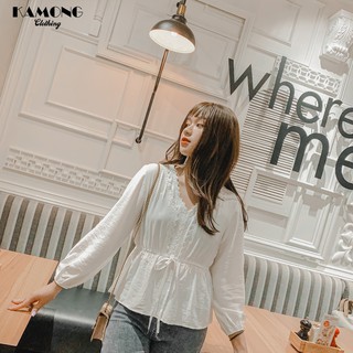 Áo kiểu phối ren rút eo KAMONG A052
