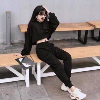 Set croptop hoodie đen trơn