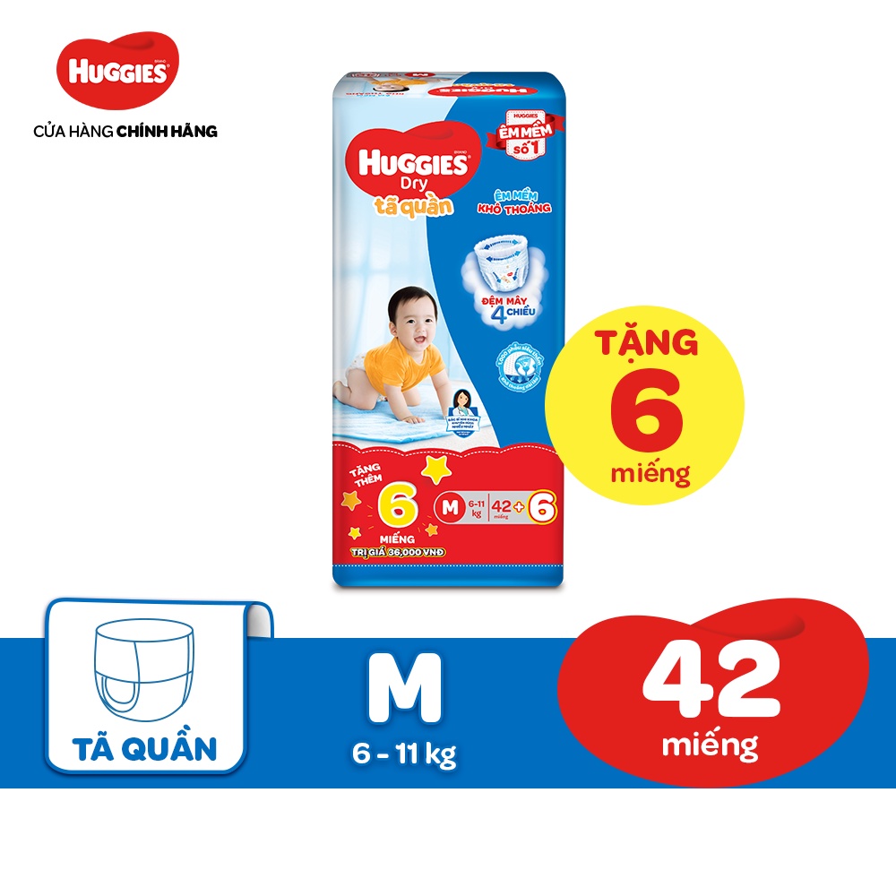 Tã quần HUGGIES DRY PANTS JUMBO M42/L38/XL34/XXL30 + Tặng 6 miếng:M42 + 6