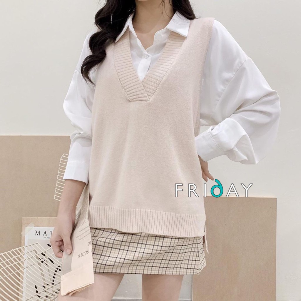 Áo len gile trơn 2 mầu kem và nâu tây phong cách ulzzang Hàn Quốc phù hợp mùa thu Fridayshop | BigBuy360 - bigbuy360.vn