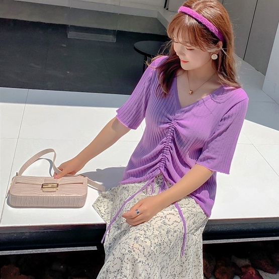 Áo Thun Dệt Kim Tay Ngắn Cổ Chữ V Dáng Rộng Phối Dây Rút Trẻ Trung Hợp Thời Trang