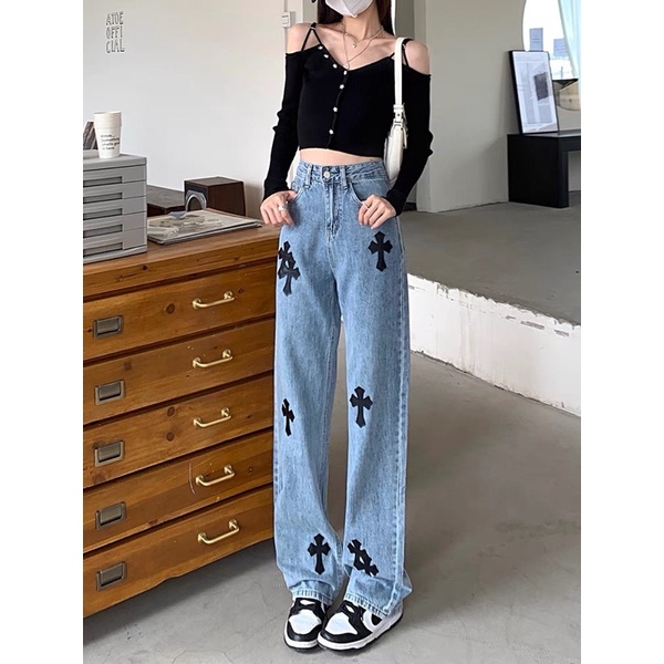 Quần Jean Ống Rộng Thêu Chữ Thập Màu Xanh Siêu Cá Tính