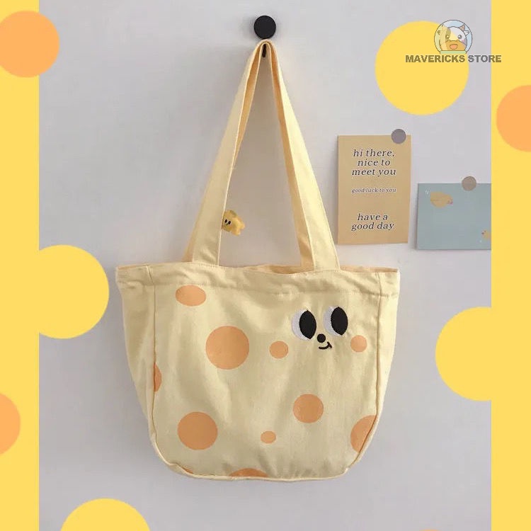 Túi đeo vai bằng vải canvas cỡ lớn in họa tiết màu vàng dễ thương phong cách Nhật Hàn cổ điển dành cho học sinh