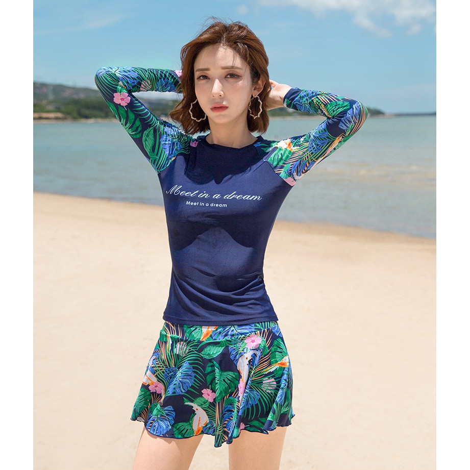 Bikini Nữ 2 Mảnh Quần Đùi Váy Aó Dài Tay Phủ Bụng Kín Đáo Bin Sports BHV124