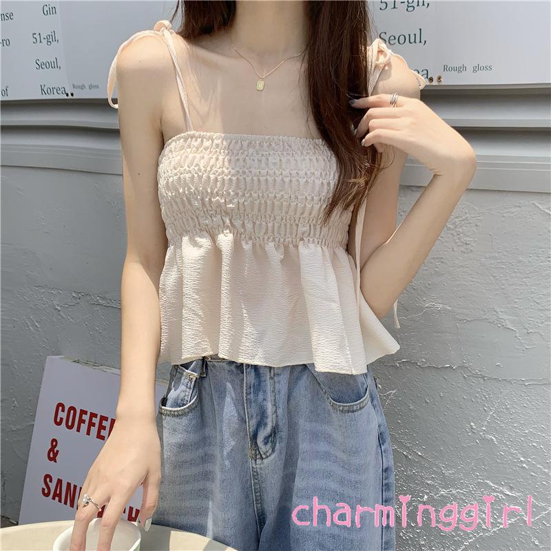 Áo Hai Dây Cổ Thuyền Hở Lưng Xếp Ly Màu Trơn Thời Trang Cho Nữ