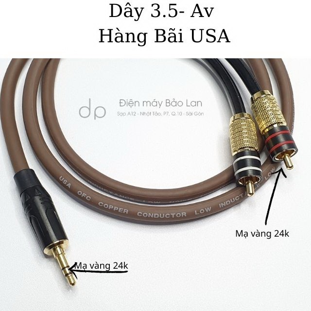 Dây Audio 3.5 Ra 2Av Xịn, Hàng Bãi USA, Màu Nâu, Đồng Nguyên Chất, Bảo Hành 6 Tháng