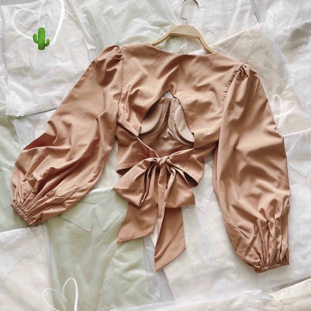 Áo Von Kiểu HotTrend Cúp Ngực Cổ Vuông Dài Tay Phối Cột Nơ Sau Lưng  Xinh Xắn TTPK0314