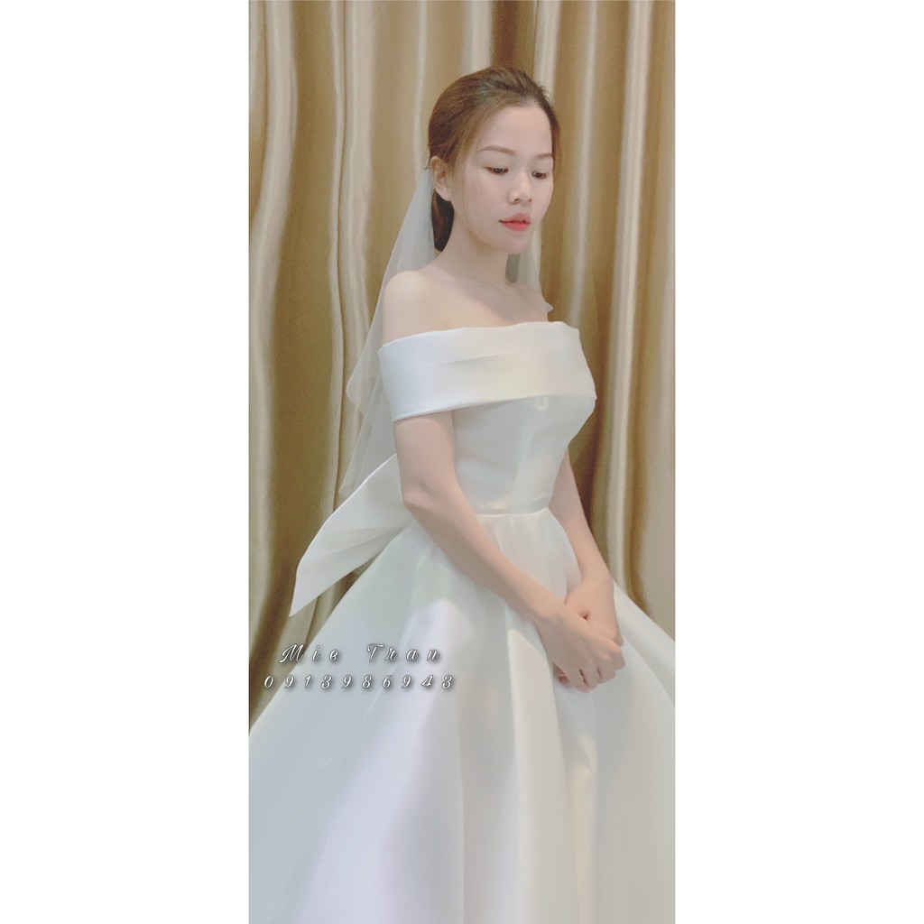 MIE TRẦN - váy cưới đi bàn, mặc được 3 kiểu, chất tafta đứng form dáng, có trắng/đỏ (MT-125)