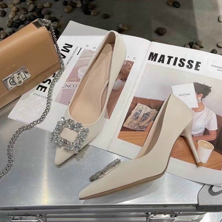 G22 Giày cao gót nữ hoa đá vuông vải lụa cao 7p sang chảnh