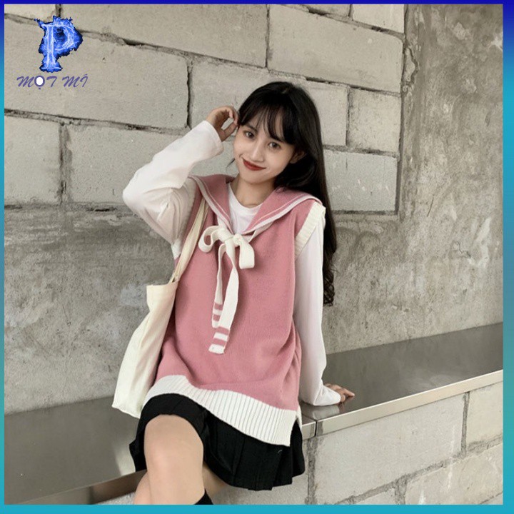 FREE SHIP - Áo len sát nách cổ thuyền có nơ màu hồng cho nữ cực đáng yêu