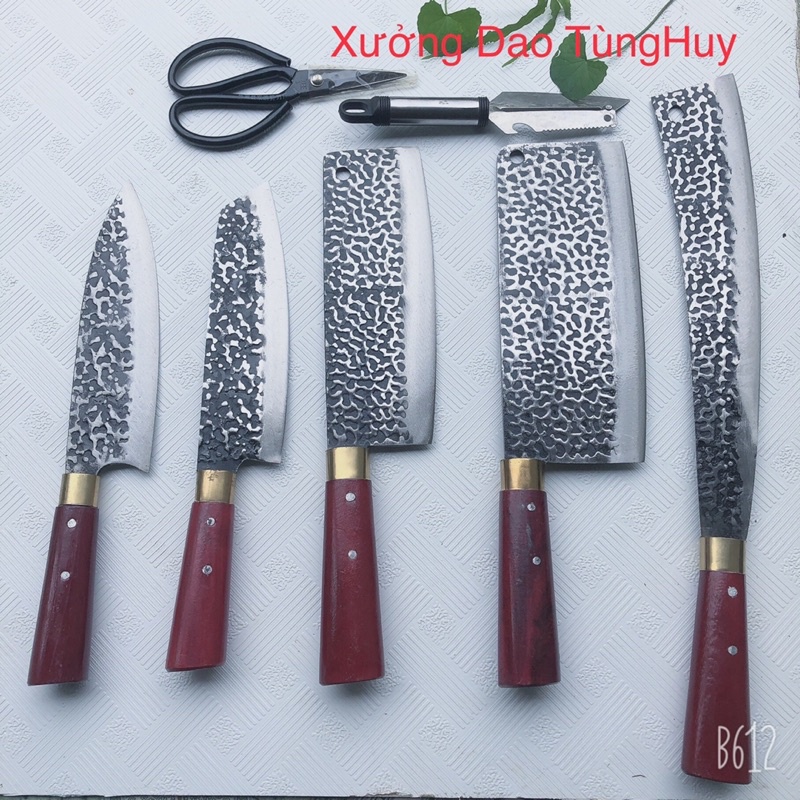 Bộ Dao Làm Bếp 7 Món Đa Năng- Dao làm bằng Nhíp Xe Oto Nhập Khẩu (Dao Chặt, Thái,Lọc,Cắt,Gọt..)Cán Gỗ Sồi Hai ĐINH