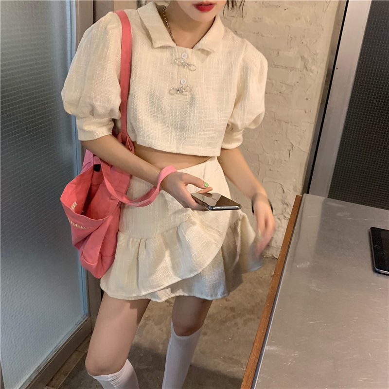 AMOI Set Áo Tay Phồng Kẻ Sọc Ca Rô Phối Chân Váy Xếp Ly Thời Trang 2022 Dễ Thương Cho Nữ