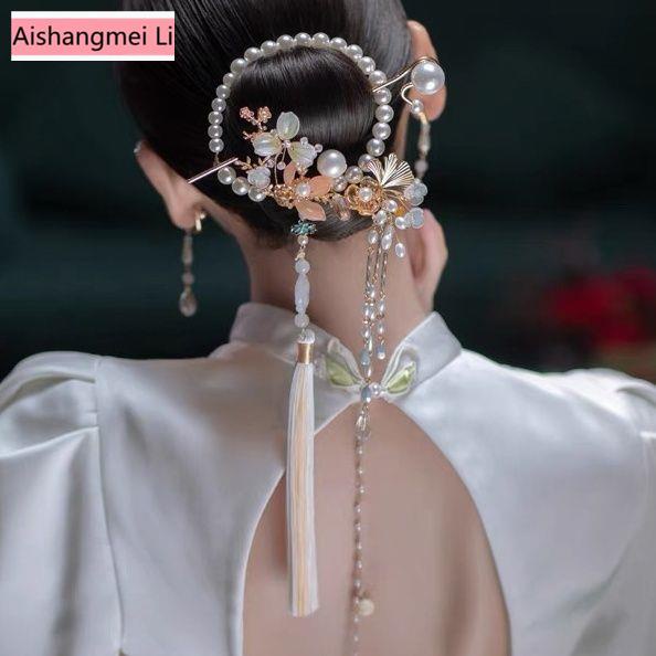 [Aishang Trang Sức Đẹp] Kẹp Tóc Tua Rua Cài Tóc Phối Ngọc Trai Phong Cách Trung Hoa Cổ Điển Hợp Thời Trang