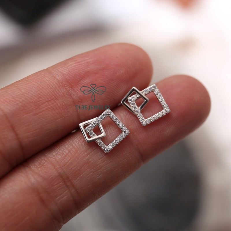 Khuyên tai bạc nữ TLEE mặt vuông kép nạm đá sang trọng TleeJewelry B0101