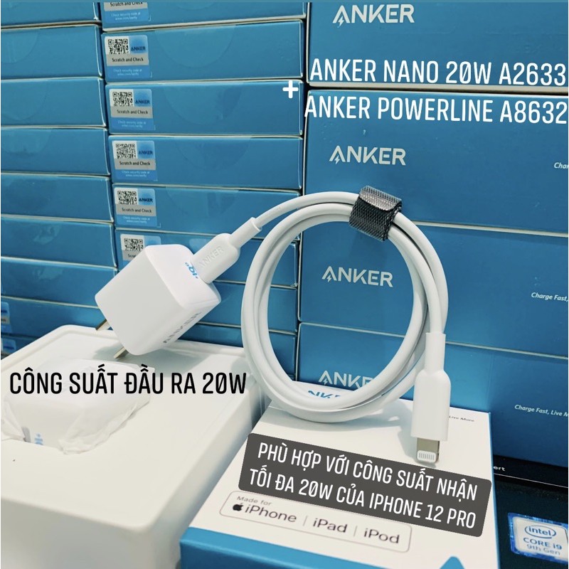 Bộ Sạc Anker Chính Hãng  A2633 PowerPort III Nano 20W+ Cáp Anker A8632 PowerLine