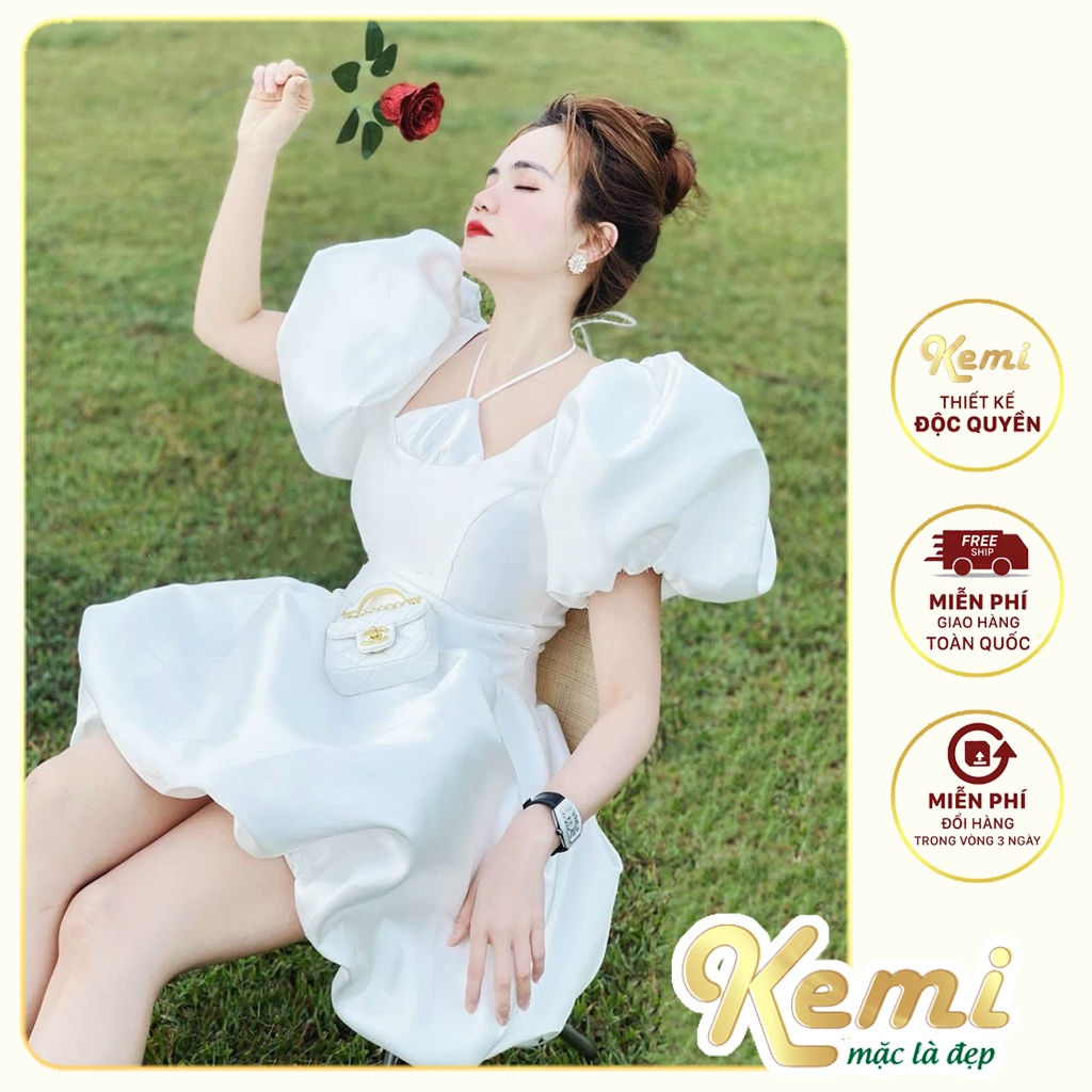 Váy dự tiệc cổ yếm dây tay lửng đầm bồng chất Tafta đi tiệc, đám cưới, hội nghị Kemi thiết kế