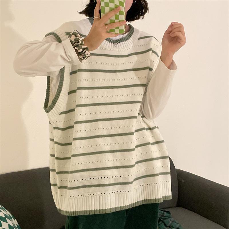 Set Áo Gi Lê Không Tay + Áo Sơ Mi Tay Dài Kẻ Sọc Thời Trang Cho Nữ