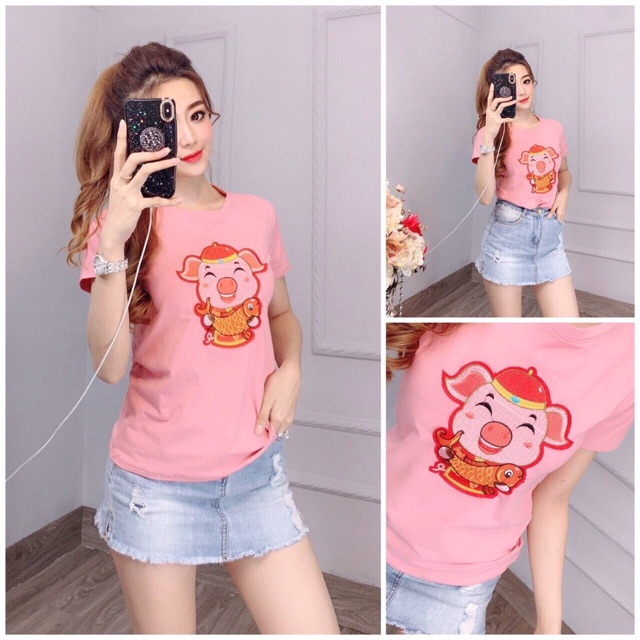 Áo thun Thái thêu hình Heo xinh
