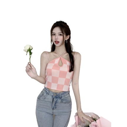 QKOOLE  Áo Hai Dây Họa Tiết Sọc Caro Phong Cách Hàn Quốc Thời Trang Cho Nữ