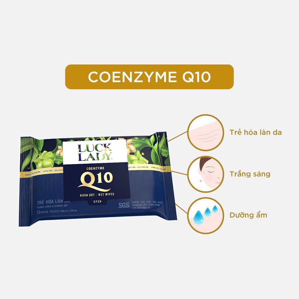 Khăn ướt mềm mịn trẻ hoá làn da Luck Lady Q10 10 tờ/gói - Combo 3 gói tặng 1 gói cùng loại