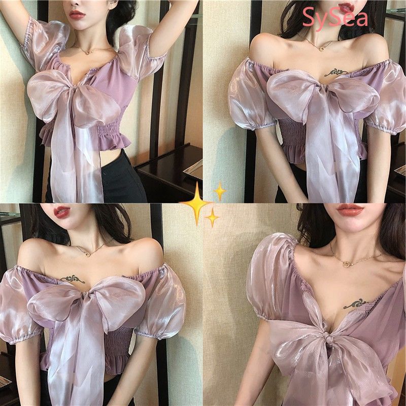 Áo Kiểu Ngắn Tay Phối Nơ Xinh Xắn Dành Cho Nữ