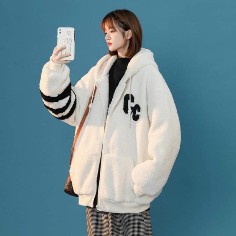 Áo Khoác Lông Có Mũ Chữ Cc Unisex  Khoát form rộng tay bồng ấm áp kiểu dáng hàn quốc trẻ trung đẹp