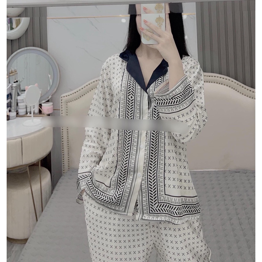 Bộ pijama dài tay lụa Latin thiết kế - Bộ đồ ngủ mặc nhà CAO CẤP.