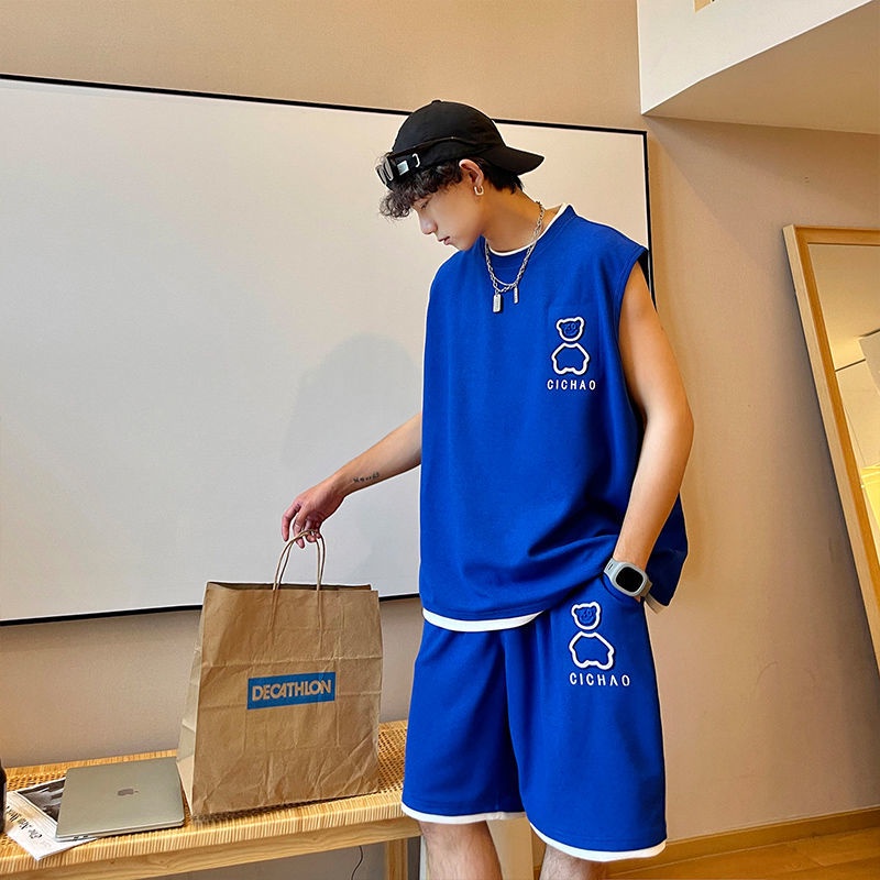 Set Đồ Thể Thao Áo Ba Lỗ Phối Quần Short Dáng Rộng Màu Xanh Lá Thời Trang Mùa Hè Cho Nam