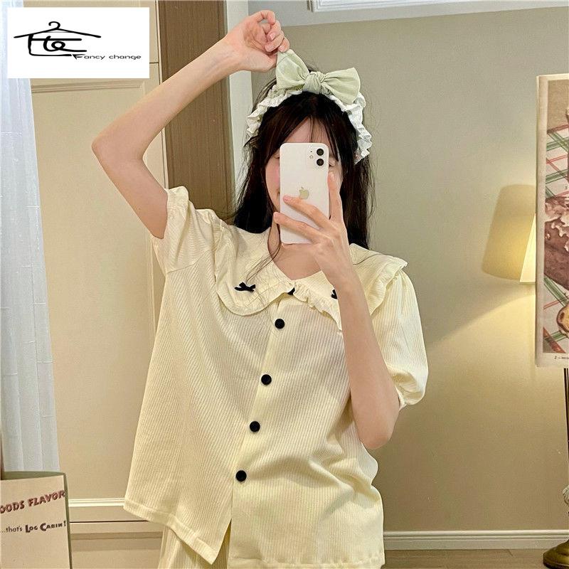 Bộ Đồ Ngủ Ngắn Tay Cổ Búp Bê Thắt Nơ Phong Cách Thời Trang Mới Dành Cho Nữ