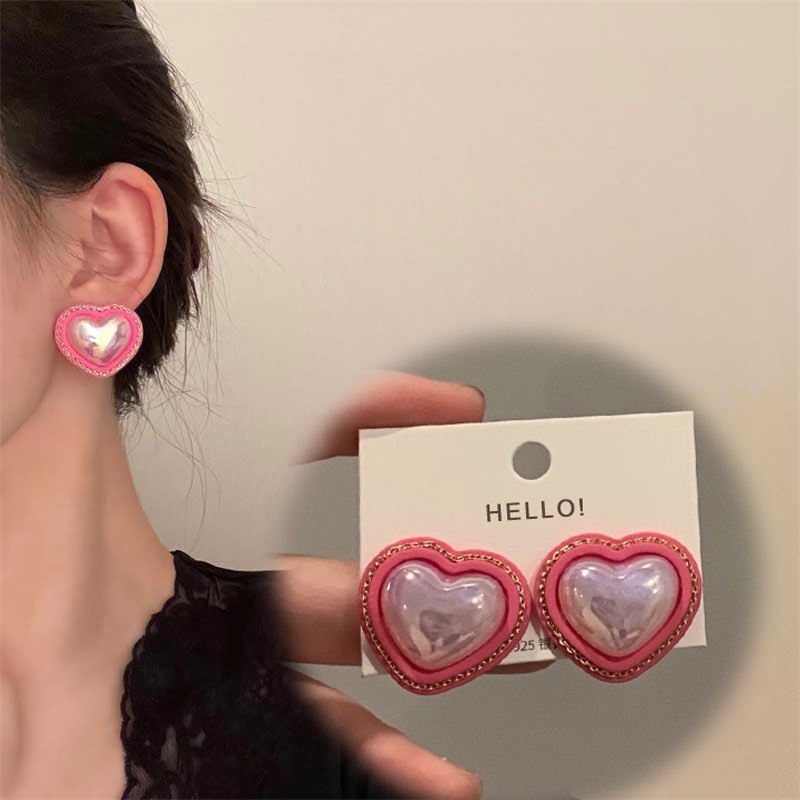 Khuyên Tai Hình Trái Tim Đính Hạt Ngọc Trai Hồng Đơn Giản Hợp Thời Trang Mới