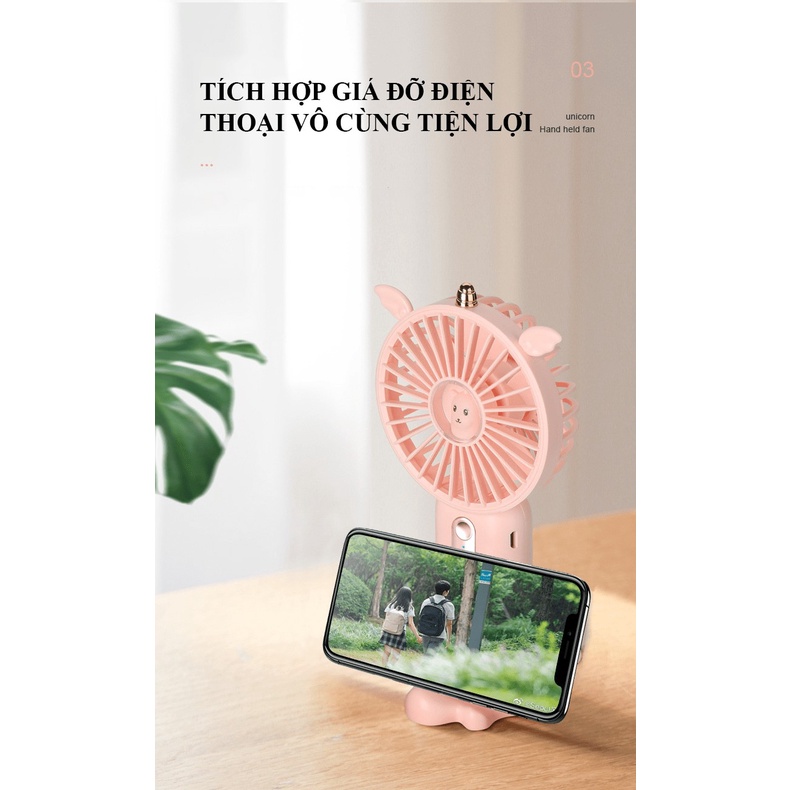 Quạt cầm tay mini N12 sử dụng pin sạc với 3 mức độ gió có kèm chân đế giữ quạt và giá đỡ điện thoại