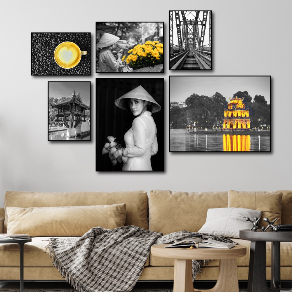 Tranh treo tường canvas Hà Nội đen trắng nghệ thuật decor trang trí phòng khách, phòng ngủ có khung cao cấp cỡ lớn 40x60