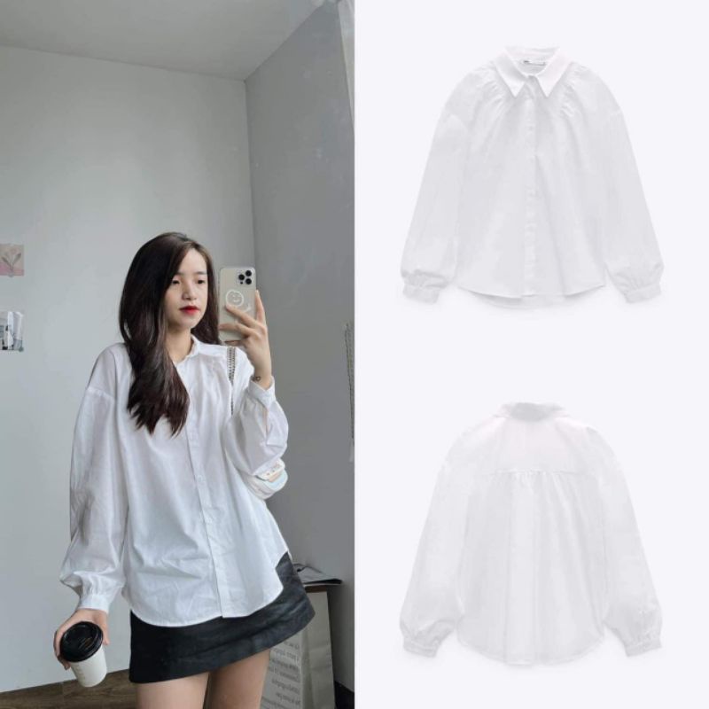 Áo sơ mi ZARA xuất xịn voan lụa trắng tay dài phồng dúng cổ đúc