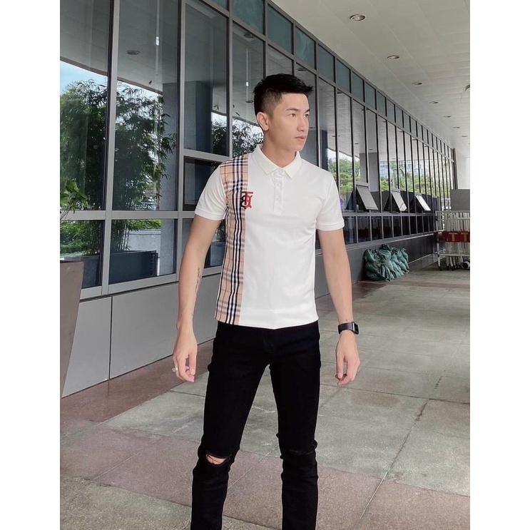 Áo thun nam cổ trụ tay ngắn phối ngực họa tiết logo chữ B đỏ , sọc kẻ vàng áo chất cotton thoáng mát thời trang hè hot