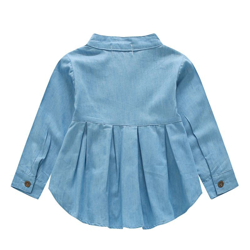 Áo kiểu babydoll cài nút tay dài vải cotton giả jean xinh xắn cho bé gái