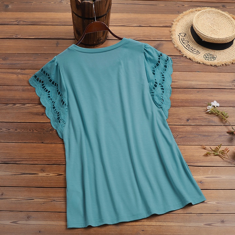 Áo kiểu Zanzea tay ngắn cổ tròn phối ren thời trang cho nữ