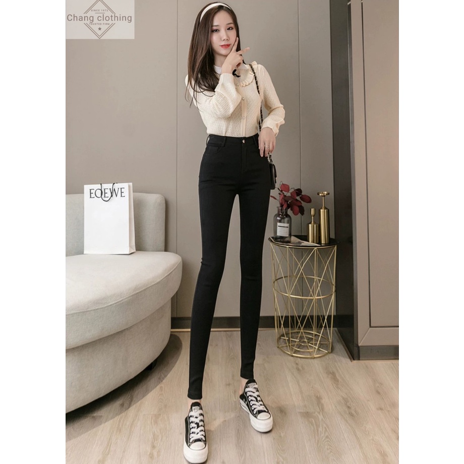 Quần legging nữ cạp cao dáng dài chất Umi hàn màu đen dày dặn co dãn 4 chiều Quần tregging nữ 1 khuy có túi ôm gen bụng