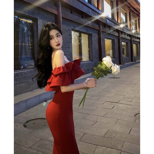 Đầm nữ sexy ,đầm midi đỏ bẹt vai nhún bèo xẻ đùi quyến rũ