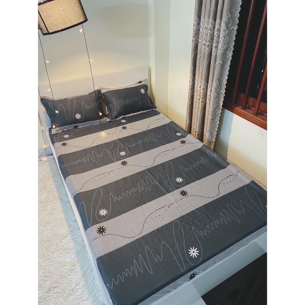 Bộ chăn ga gối kẻ hoa xám cotton poly, set chăn ga gối kẻ hoa xám cotton poly tặng kèm hạt xả vải